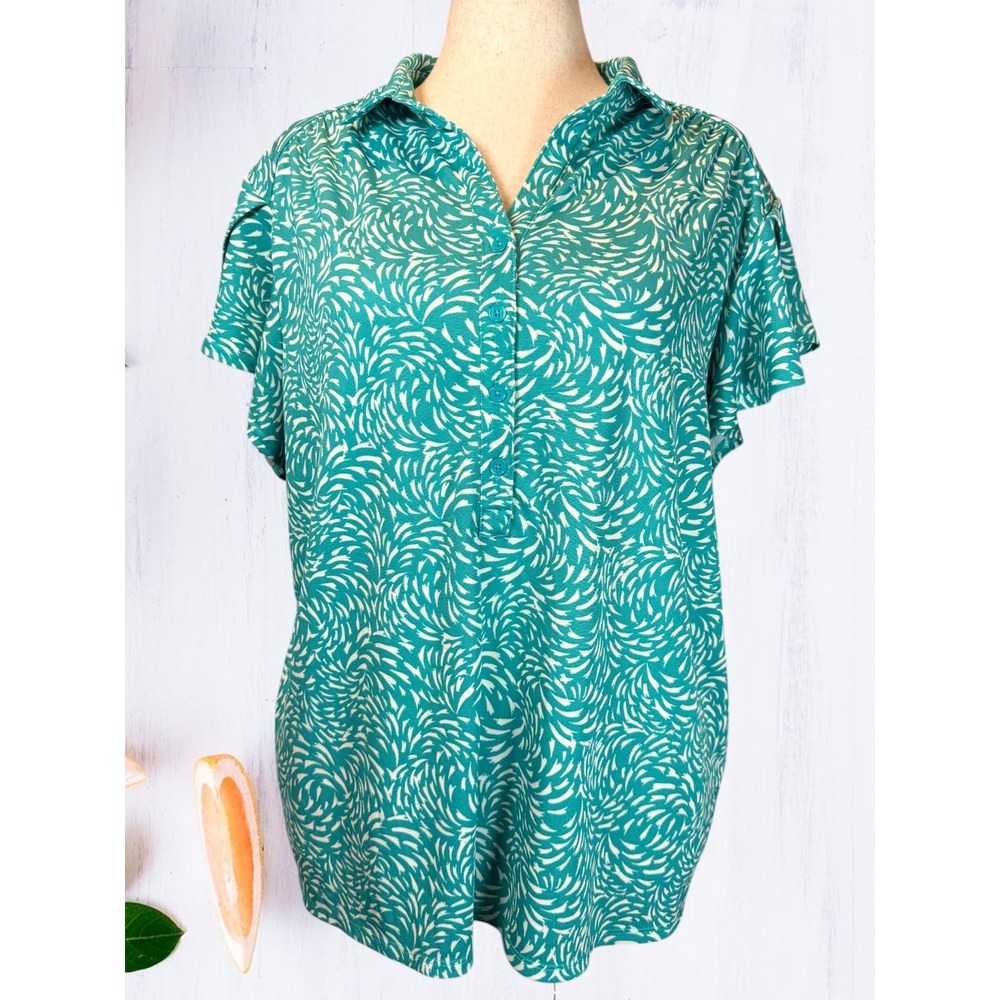 Chico's Zenergy Popover Top Women's 4 XXL Teal White Swirl Print Flutter Sleeve